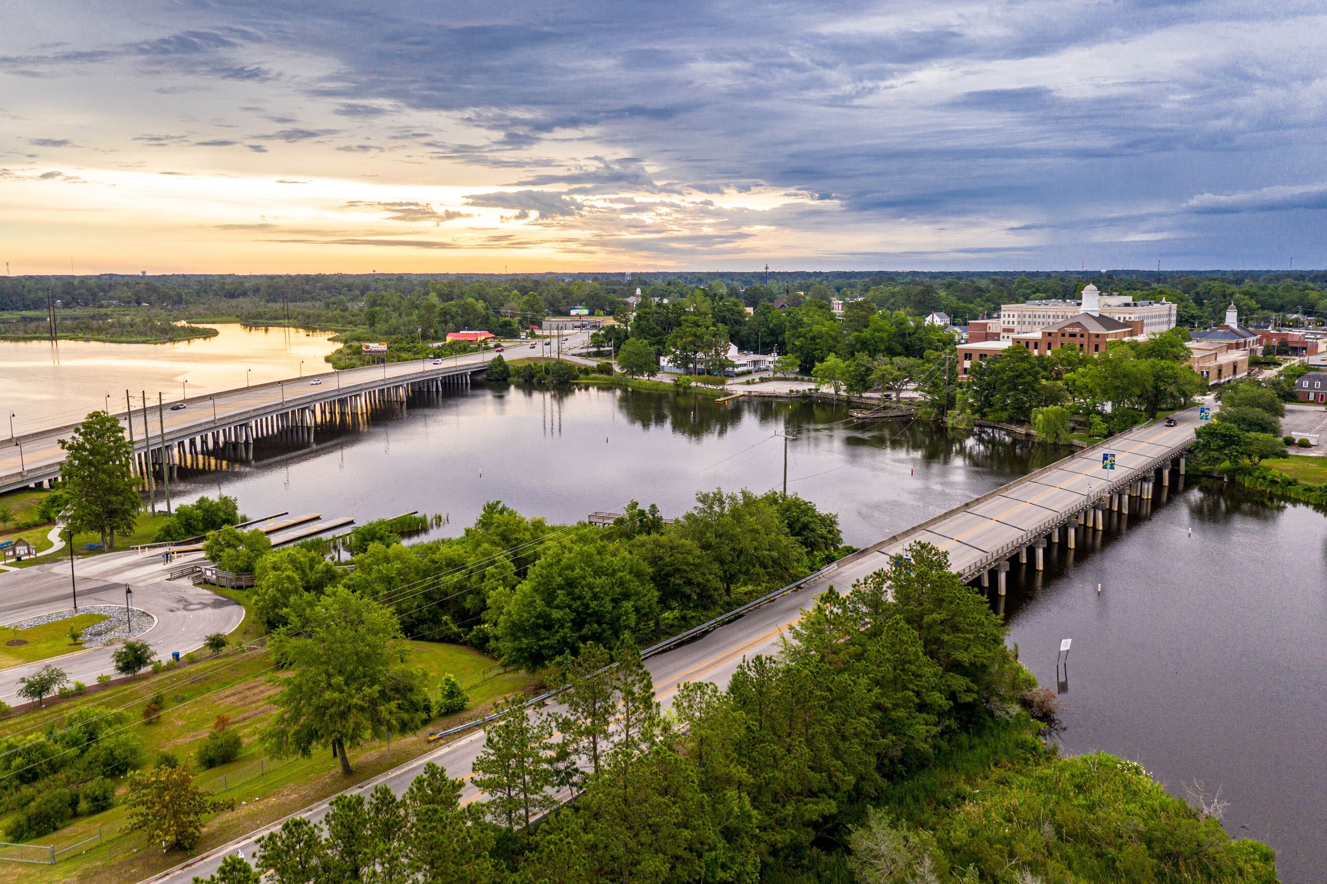 New River waterfront and downtown Jacksonville in Onslow County, North Carolina