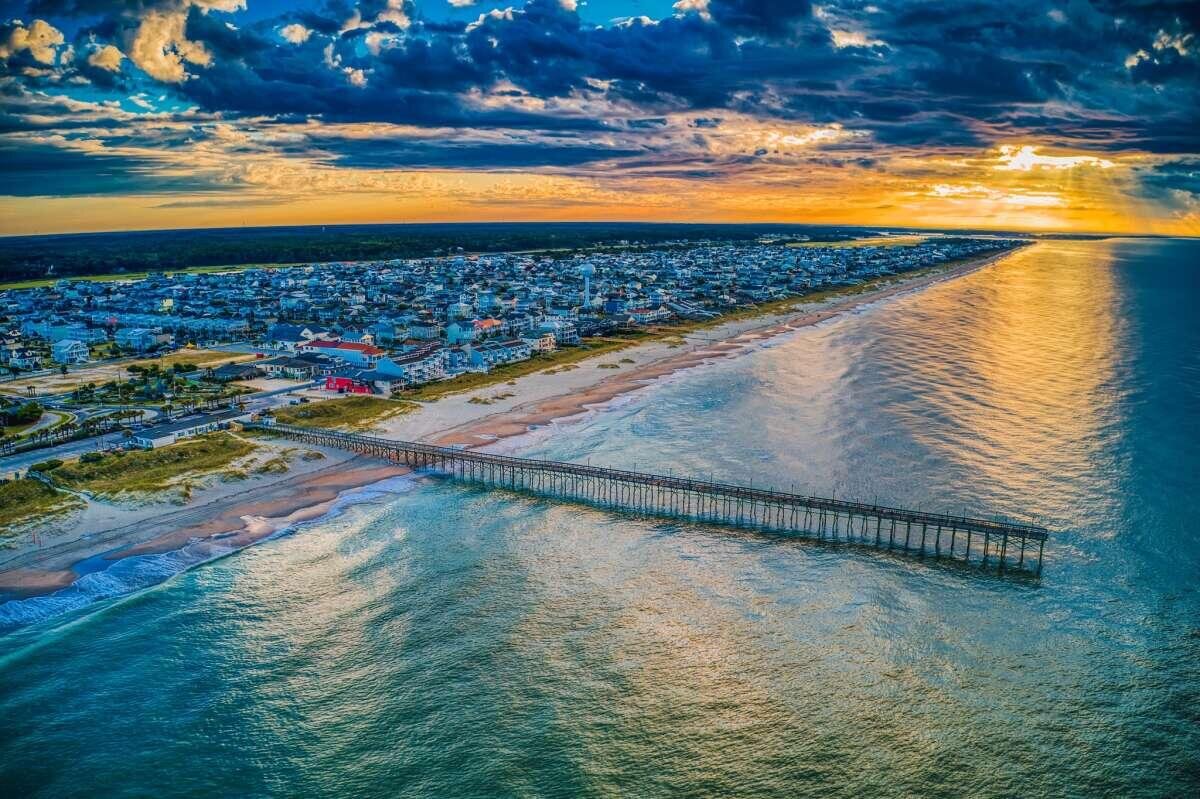 Ocean Isle Beach pier and Atlantic coastline in Ocean Isle Beach, North Carolina