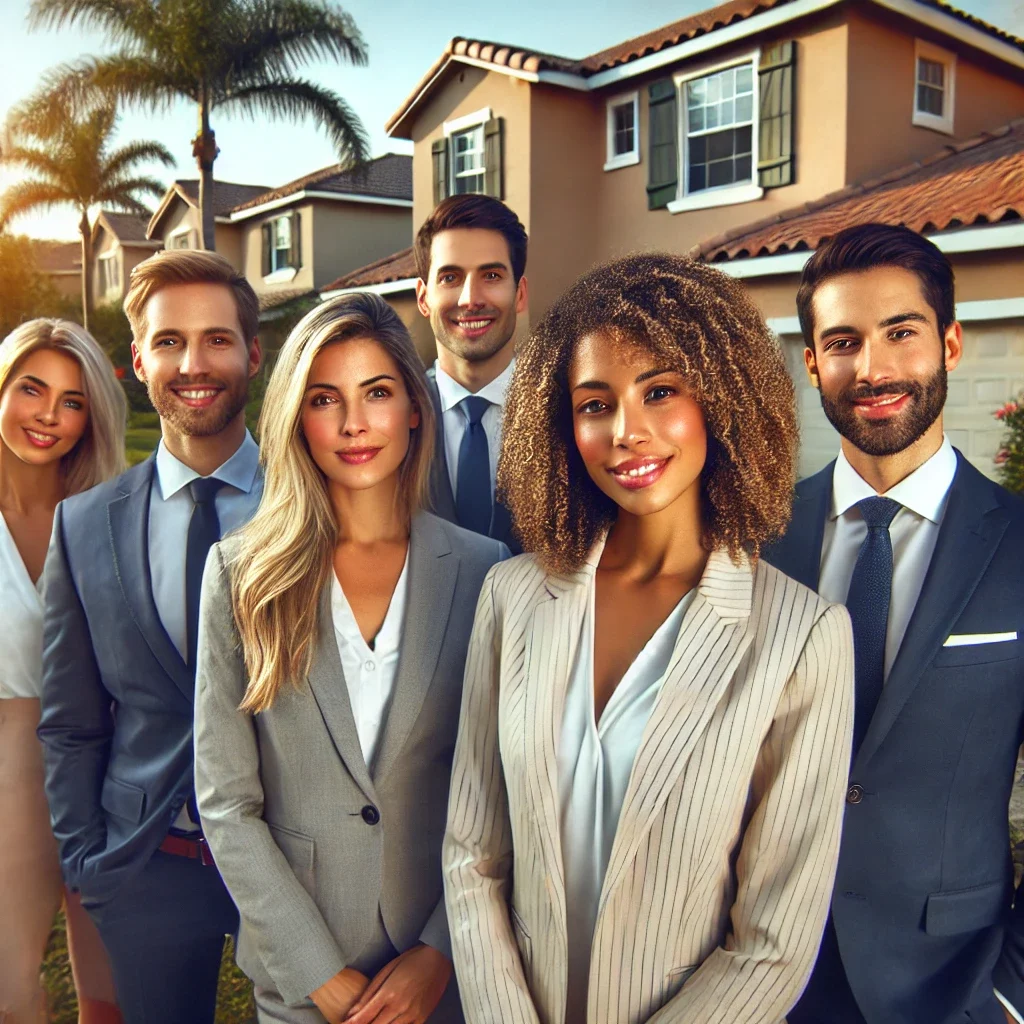 Diverse team of real estate professionals representing Investment Capital Home Buyers in front of Florida-style homes.