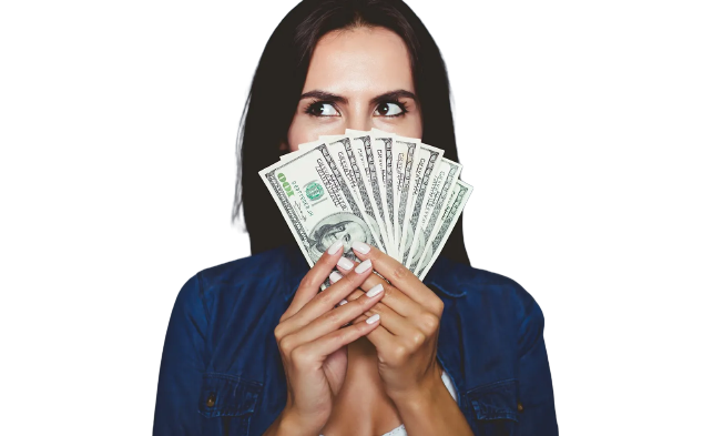 woman holding money infront of her face