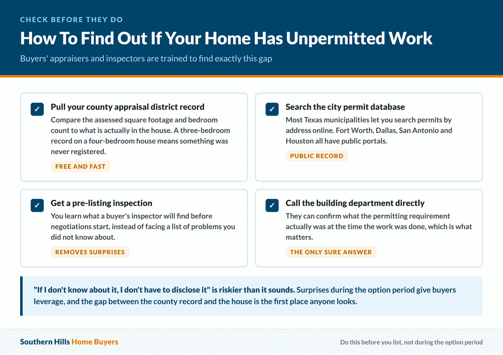 Steps a Texas seller can take to discover unpermitted work before listing