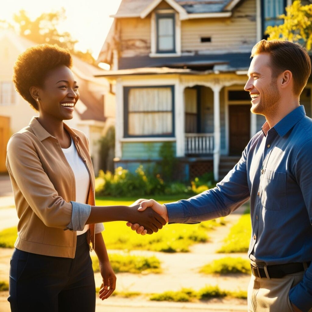 a vibrant image showing a house seller happy and thankful to a house buyer for buying his old and ugly house.