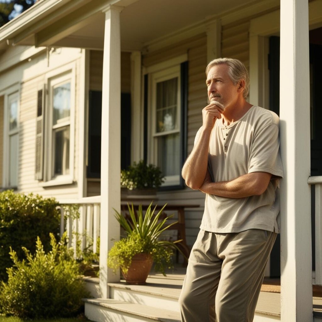 an image showing a house owner thinking to sell his old inherited house.