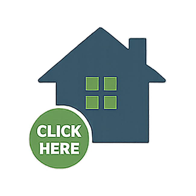 foreclosure house icon with a click here stamp
