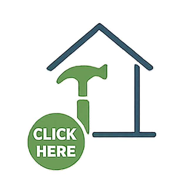 fixer upper house icon with a click here stamp