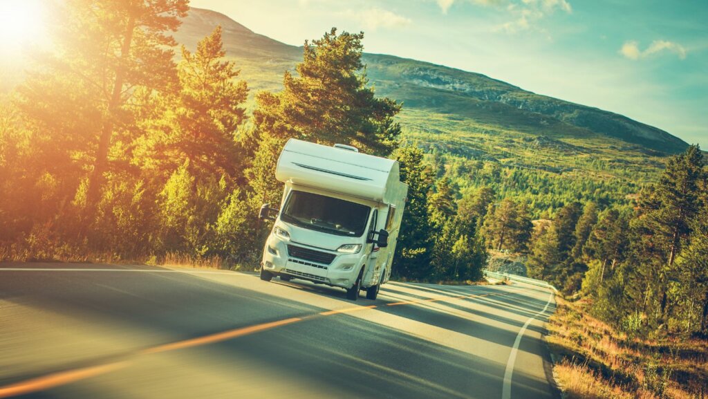 RV driving down a mountain road