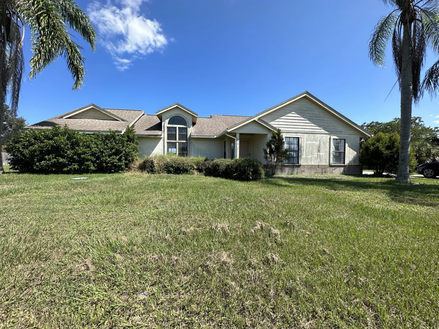 House with a broad front lawn, palms and a tall arched window