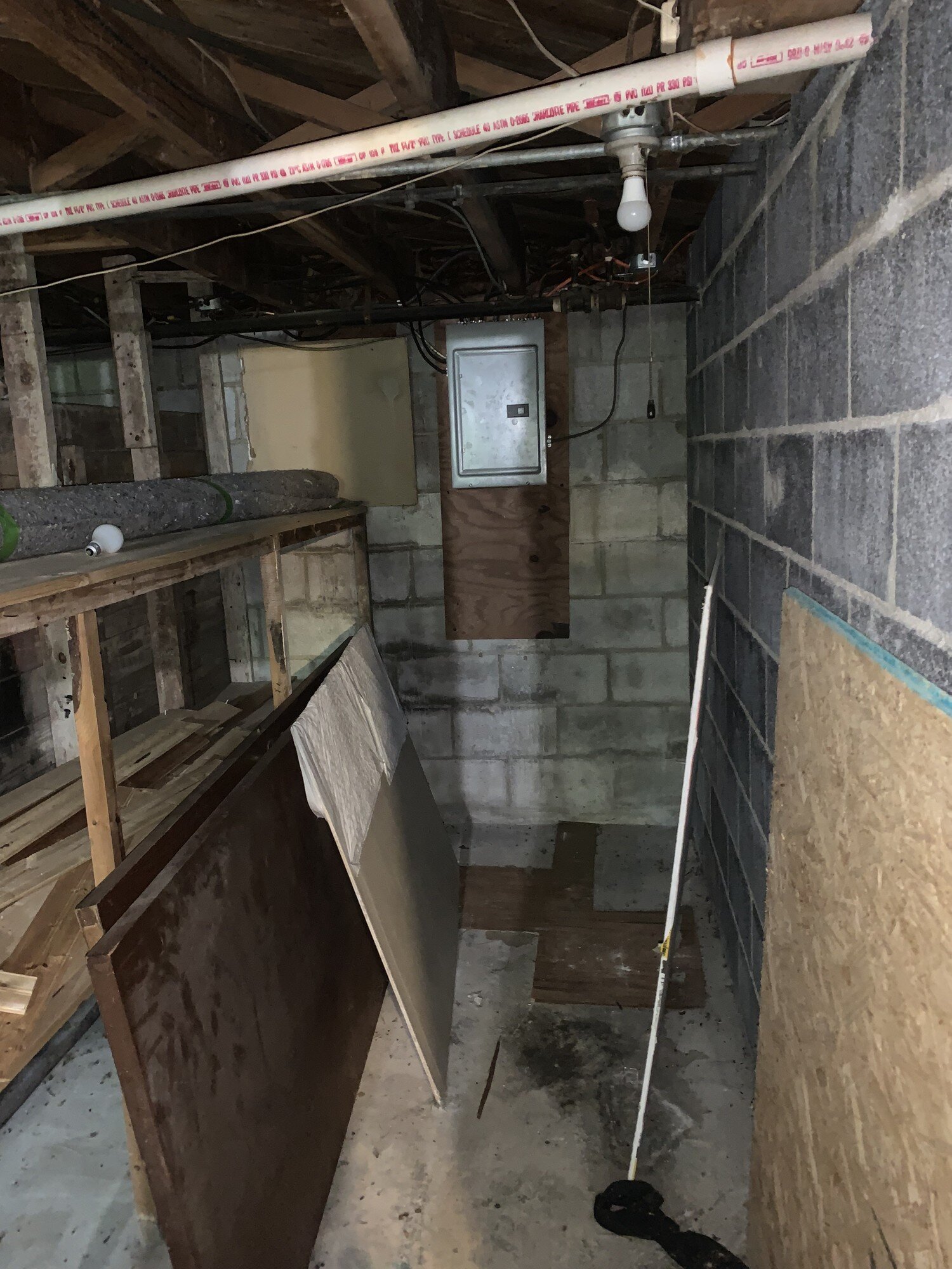 Unfinished basement with exposed pipes and block walls at 390 N 5th St in Wytheville