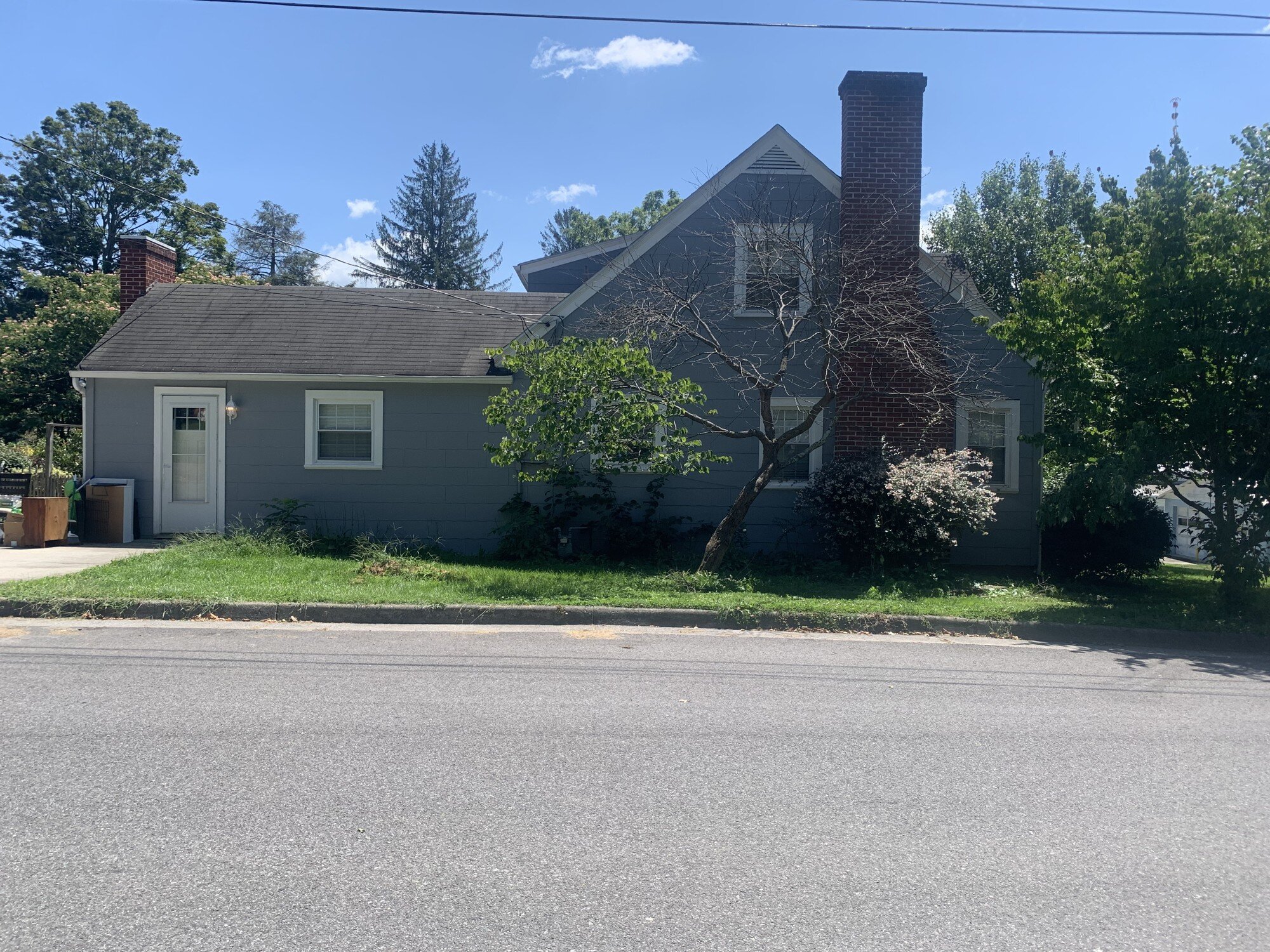 Street-side exterior and brick chimney of 390 N 5th St in Wytheville, Virginia