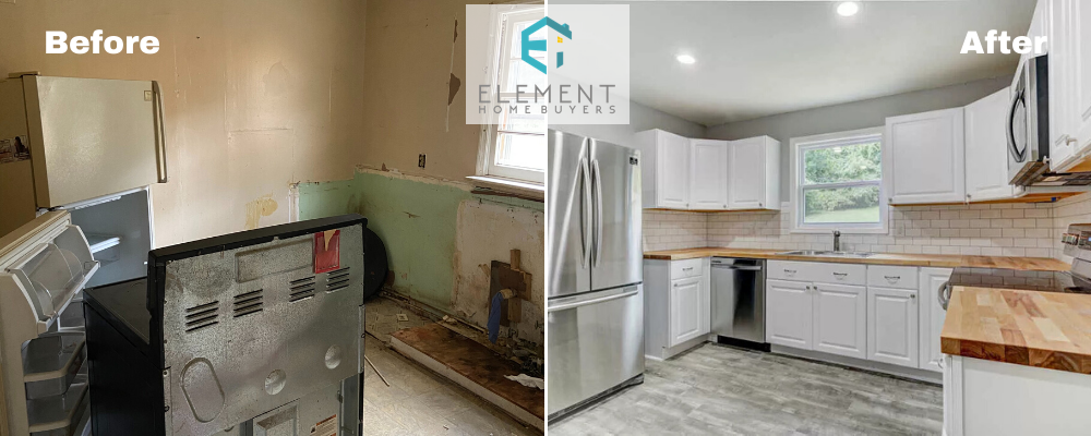 a before and after picture of a house bought for cash by Element Homebuyers