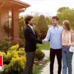 Two young homeowners shake hands with a real estate investor after selling a house before paying off mortgage