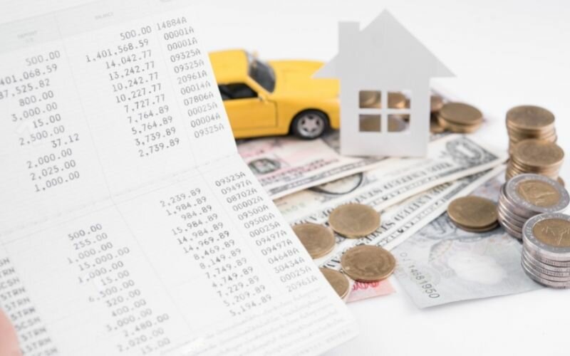 money, pile coin with account book and paper home, car