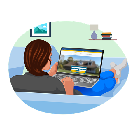 Lady on sofa with laptop needing to sell house fast