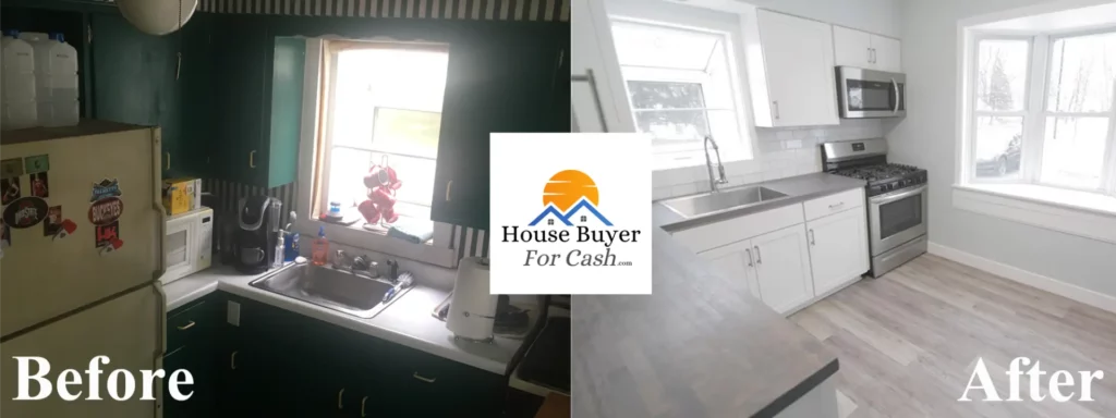 Before and after kitchen renovation graphic showing how House Buyer For Cash buys homes in any condition in Toledo, Ohio.