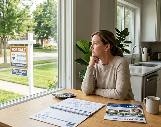 A homeowner reviewing a calendar and calculator to plan a timely home sale in Toledo, Ohio, avoiding the mistake of waiting too long.