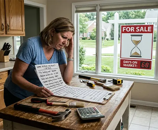 An overwhelmed homeowner reviewing a costly repair list next to tools, representing mistakes that delay a traditional Toledo home sale.