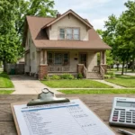 A dated house in Toledo Ohio with a repair cost estimation checklist on a clipboard, representing local housing market renovation expenses.