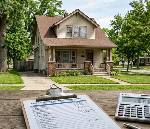 A dated house in Toledo Ohio with a repair cost estimation checklist on a clipboard, representing local housing market renovation expenses.