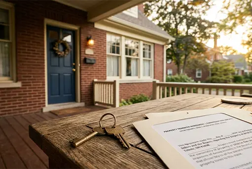 An inherited house in Toledo Ohio with a set of old keys on a legal document, representing selling a home as-is after inheritance.