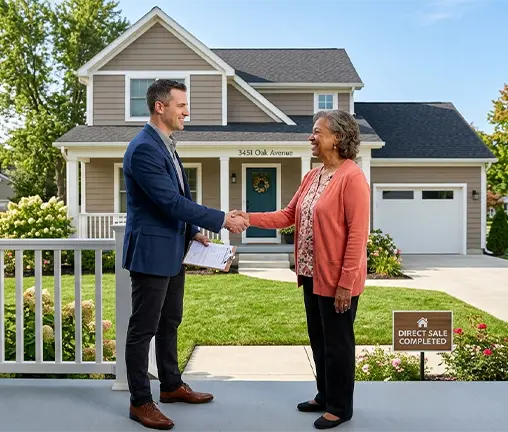 A homeowner shaking hands with a cash property investor outside a house in Toledo Ohio, illustrating local market data and direct real estate trends.