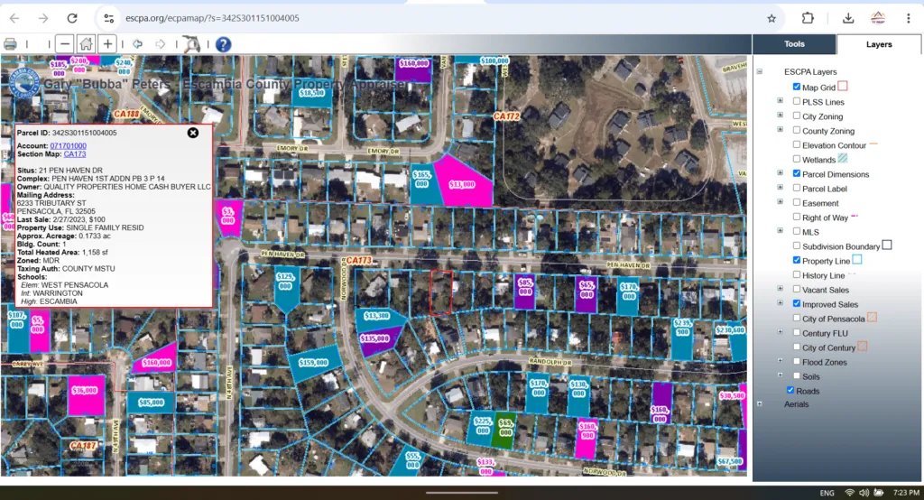 A picture map for the houses that were sold near the subject house.