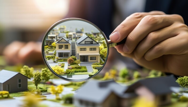 A photo of magnifying glass on a house to represent the evaluation of Pensacola home
