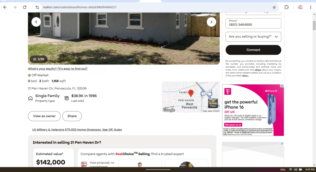 Home evaluation for the subject house in Realtor.com