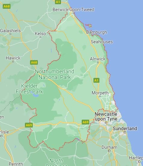 Northumberland Google My Map detailing the area in which We Buy Homes North East purchases properties.
