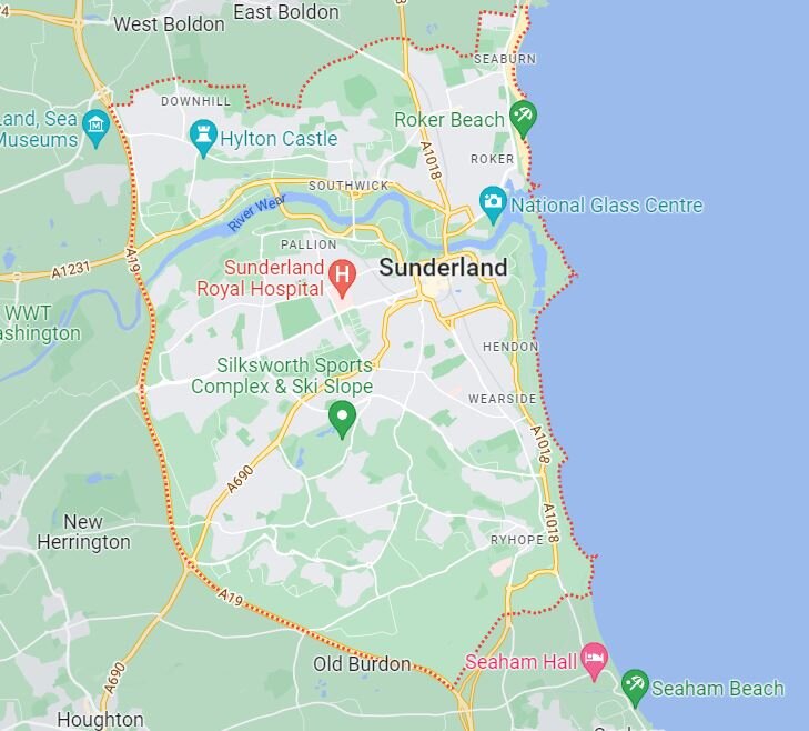 Map of Sunderland UK detailing the area in which We Buy Homes North East purchases properties