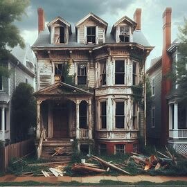 Damaged house in Richmond VA with peeling paint and broken windows