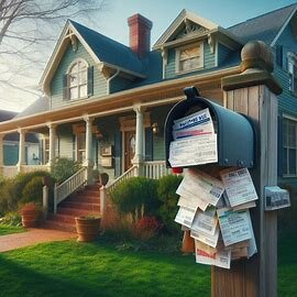 Exterior of a Virginia home with past-due notices in the mailbox