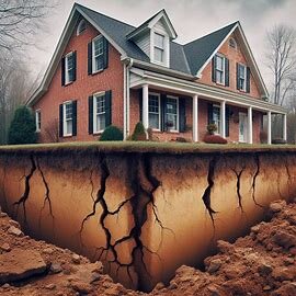 Cracked foundation wall on a Virginia brick house with visible damage