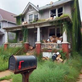 Pre-foreclosure home in Richmond VA with overgrown yard and mailbox filled with notices