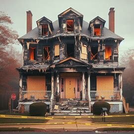 Fire-damaged Virginia home with boarded windows and caution tape on front porch
