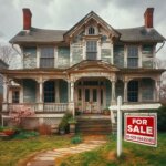 Distressed Virginia home with peeling paint and a For Sale sign out front
