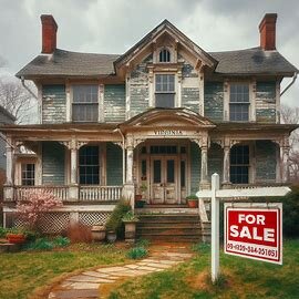 Distressed Virginia home with peeling paint and a For Sale sign out front