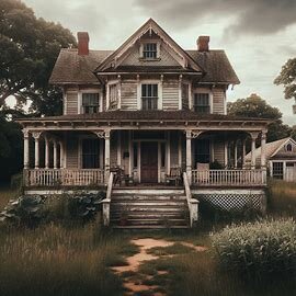 Exterior of an aging Virginia house with peeling paint and overgrown lawn