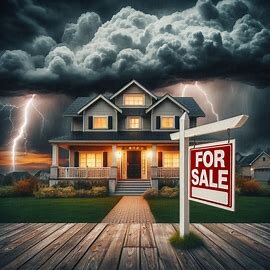 Virginia house with a for sale sign and storm clouds gathering in the background
