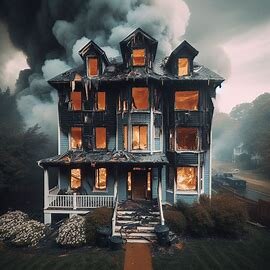 Burned-out Virginia home with boarded windows and visible fire damage