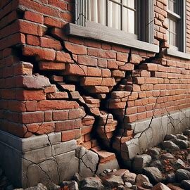 Cracked brick foundation on an old Virginia house