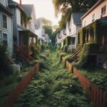 Virginia backyard with a fence running between two closely built homes