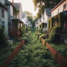 Virginia backyard with a fence running between two closely built homes