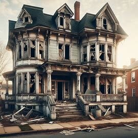 Damaged house in Richmond VA with boarded windows and visible roof issues