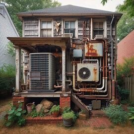 Outdated HVAC unit outside a Richmond VA house with visible rust and wear