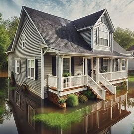 Flood-damaged home in Richmond VA with warped siding and visible water stains