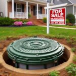 Septic tank access cover in a Virginia yard with a nearby For Sale sign