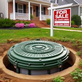 Septic tank access cover in a Virginia yard with a nearby For Sale sign