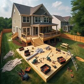 Virginia home with a partially built deck and tools scattered around