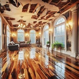 Virginia home interior with visible water damage and warped hardwood floors