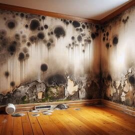 Mold-covered wall in a Virginia house with peeling paint and water damage